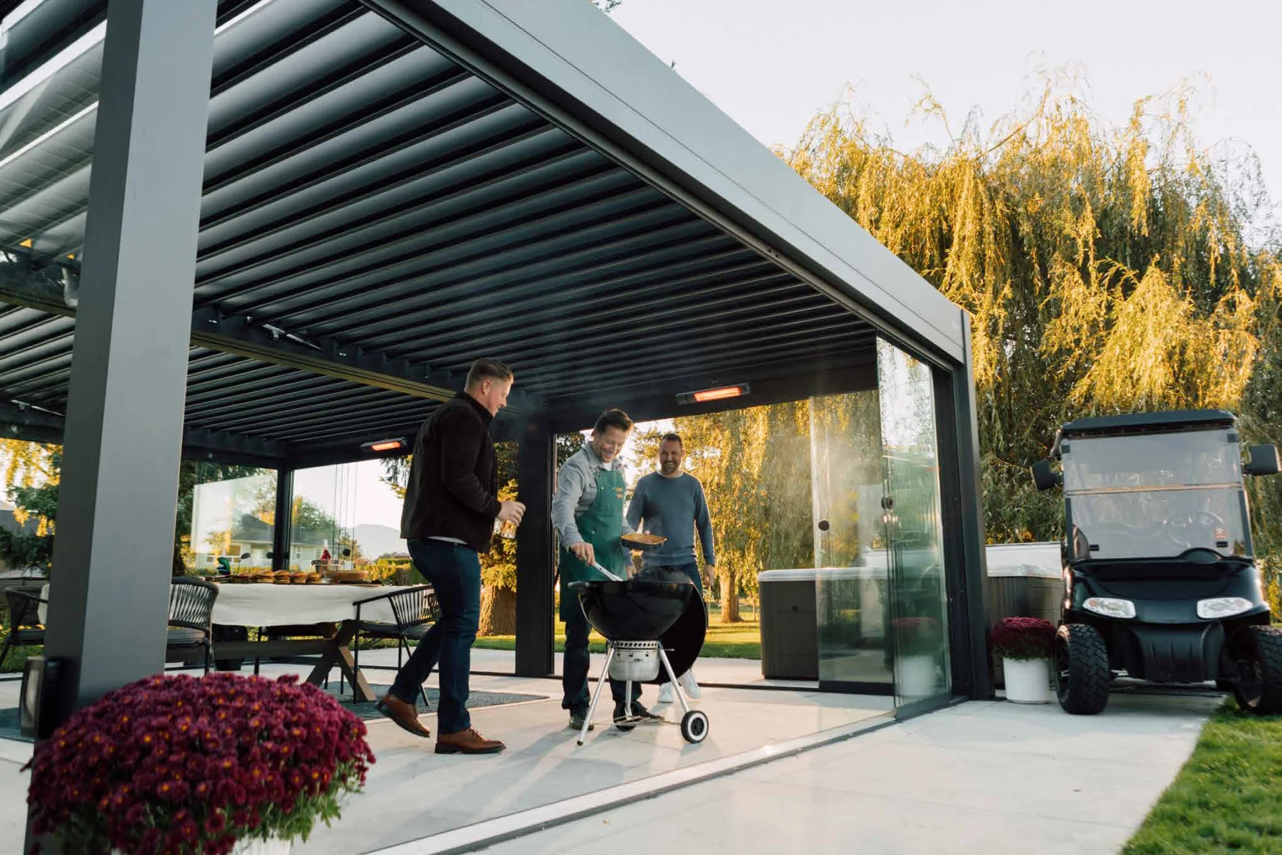 Premium louvered pergola integrated with an outdoor living design